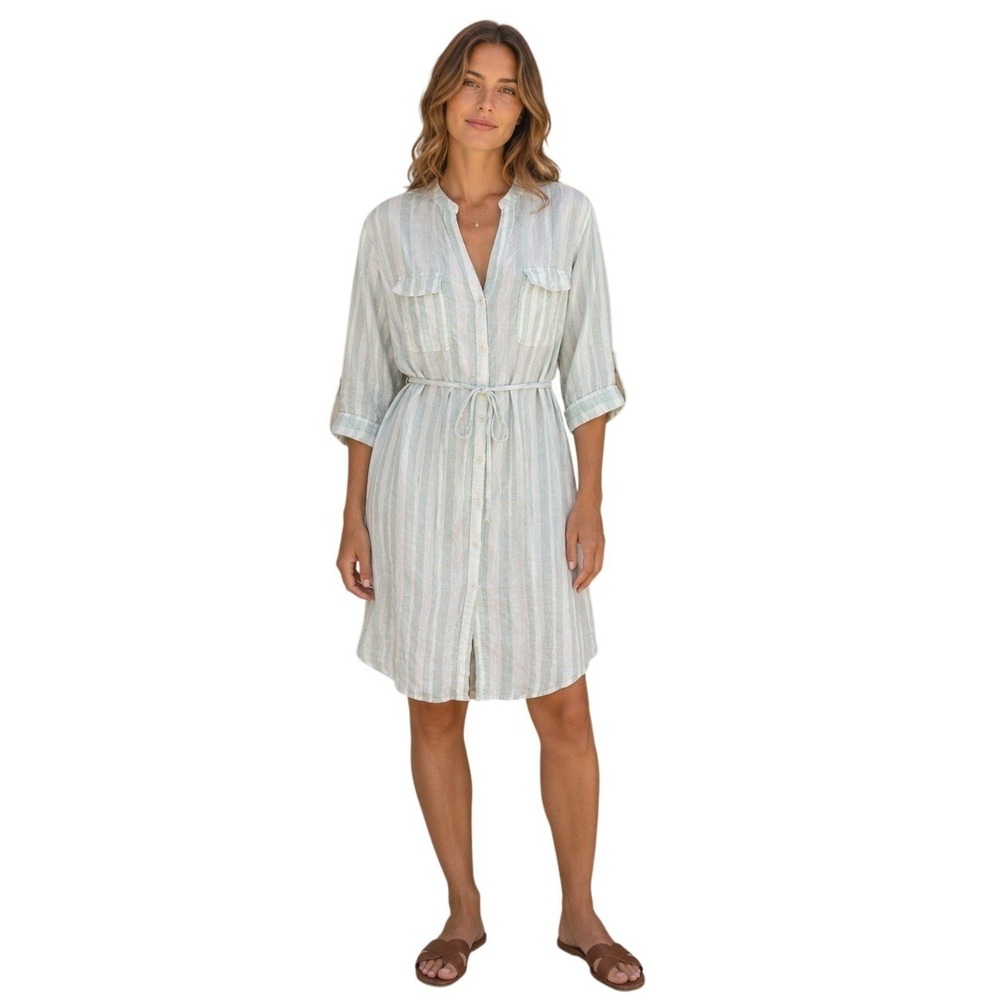 Women Linen Green Striped Shirt Dress Size XL Tie Waist Coastal Preppy Old Money